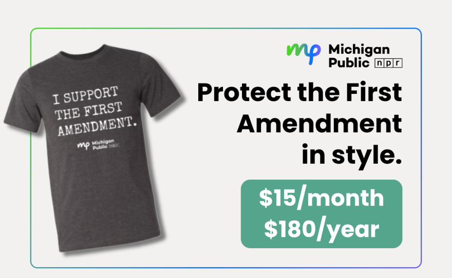 A graphic show a gray shirt that reads "I support the first amendment" next to text that says "protect the first amendment in style" for $15/month or $180/year
