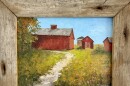 painting of a red barn with a pathway and grass in the foreground. framed in brown barn wood