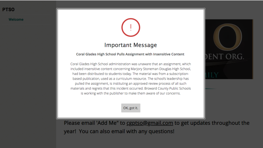 This message was posted on Coral Glades High School's website just before 5:20 p.m. Friday