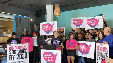 Organizers and laborers gathered in the dining room of understory, a worker-owned restaurant in East Oakland. 