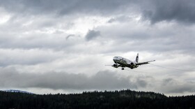An Alaska Airlines flight comes in for a landing at the Juneau International Airport.