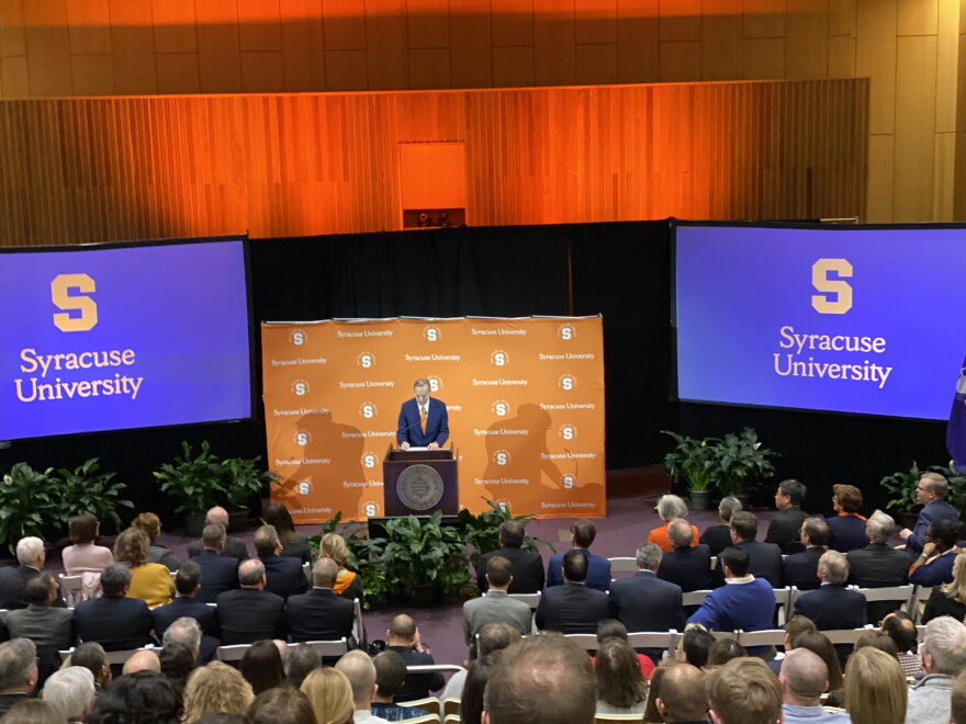 Syracuse University Chancellor Kent Syverud addresses the campus community Monday during his annual winter message