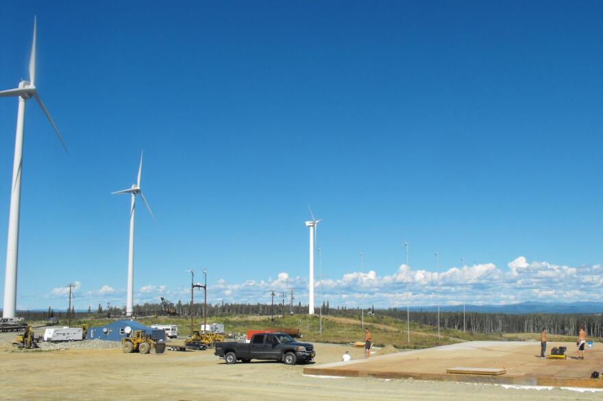 Alaska Environmental Power's wind farm near Delta Junction produces about 2 megawatts with its two 900-kilowatt and one 100-kilowatt wind generators. (KUAC file photo)