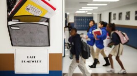 Students enter a classroom at one of the 11 Houston-area campuses of Yes Prep, a public charter school system.