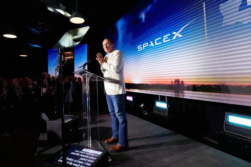 Louisiana Gov. Jeff Landry speaks during an event with SpaceX announcing a deal to build a new spaceport in his state, Tuesday, Aug. 25, 2026, in Abbeville, La.