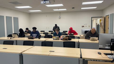 A small group of students take an exam in their Yoruba class at UW-Madison on March 18, 2026. Colleges in Milwaukee only offer one language originating on the African continent: Arabic. Madison offers around seven, but class options vary by student demand.