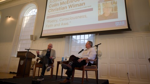 Christian Wiman and Colin at the Old Refectory at Yale Divinity School in New Haven on April 6, 2026.