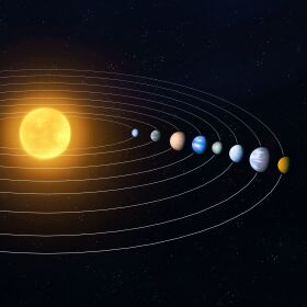 An illustration of the sun and its eight orbiting planets.