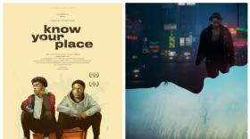 Two movies posters. One for "Know Your Place" shows two young men sitting on a suitcase surrounded by undersized construction fencing. The other for "Sweetheart Deal" shows a woman at the top walking at night in front of fluorescent signs for motels, inns and a car wash. Divided by the profile of a woman, the bottom half of the post is the inside of a steamy window.