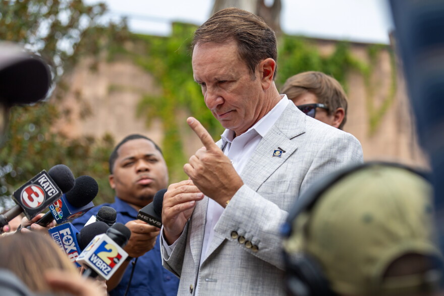Gov. Jeff Landry speaks to a press gaggle following the SpaceX announcement in downtown Abbeville, Louisiana, on Tuesday, August 25, 2026. 