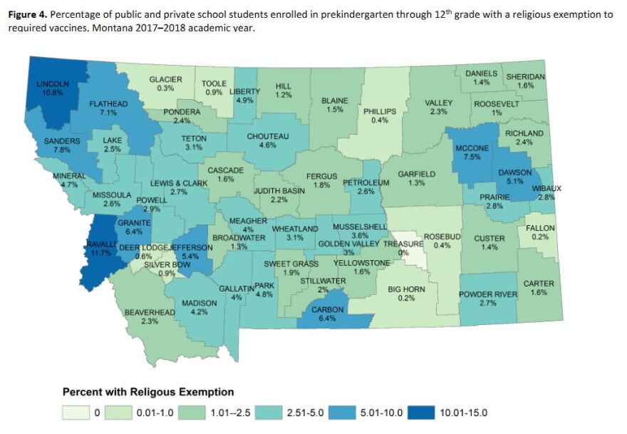 Percentage of public and private school students enrolled in pre-kindergarten through 12th grade with a religious exemption to required vaccines, Montana 2017–2018 academic year.