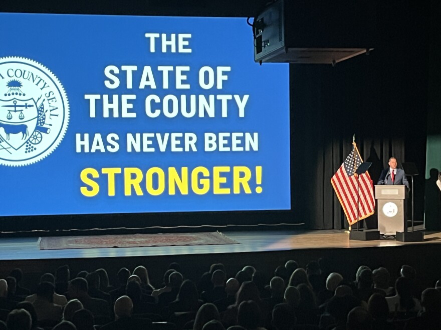 Onondaga County Executive Ryan McMahon delivers his state of the county address at the Lincoln Theater inside the new city/county STEAM school on Warren St.