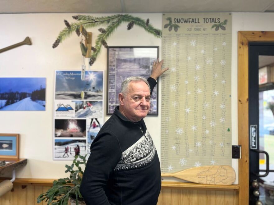 Mike Farmer, director of tourism for the town of Webb, points to the snowfall totals for the village of Old Forge, dating back to the 1960s. Photo: Emily Russell