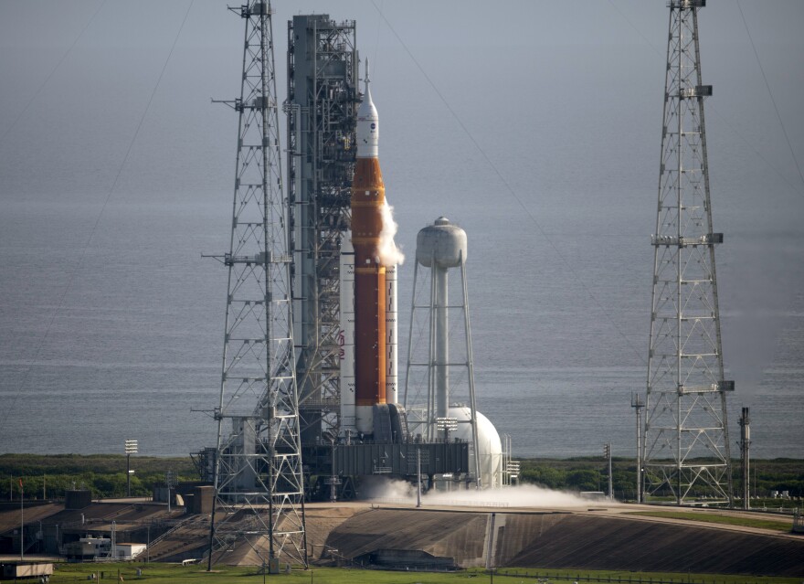 NASA's Space Launch System rocket with the Orion spacecraft aboard is seen atop the mobile launcher as the Artemis I launch teams load more than 700,000 gallons of cryogenic propellants at the Kennedy Space Center in Cape Canaveral, Fla., on Saturday.