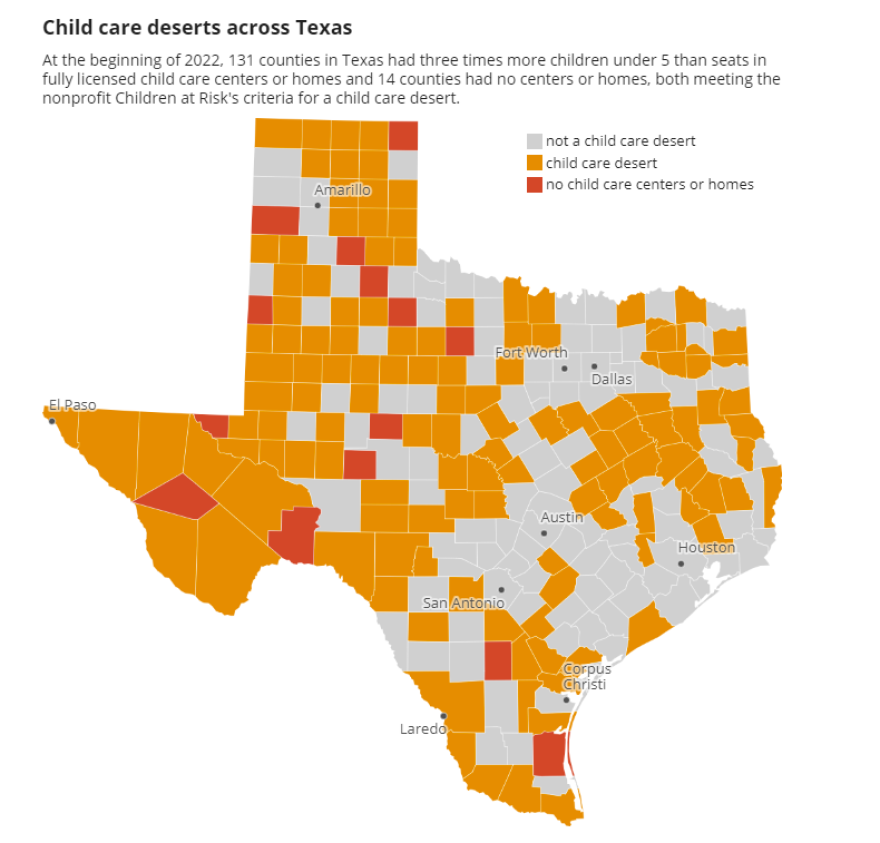 Note: Child care data received in January 2022. Census data from the 2019 American Community Survey.
Source: Texas Health and Human Services and U.S. Census Bureau
Credit: Kalley Huang