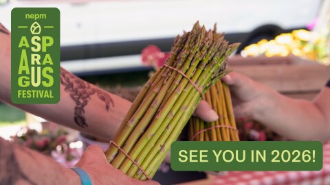 Two bunches of asparagus at the NEPM Asparagus Festival with the NEPM Asparagus Festival logo and the text "See you in 2026!"