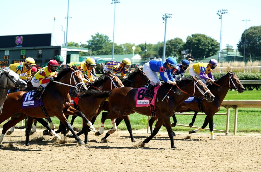 Horses race on Kentucky Derby Day 2020.