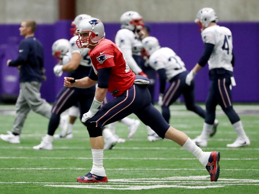 Patriots quarterback Tom Brady warms up during practice on Jan. 31, 2018, in Minnesota. The Patriots will play the Philadelphia Eagles in Super Bowl LII on Sunday.