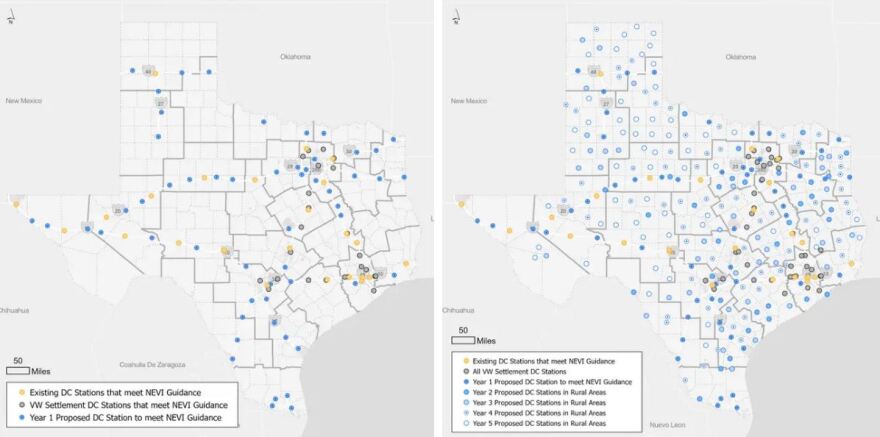  First: Existing and proposed electric vehicle charging stations in Texas for the first year of implementing the National Electric Vehicle Infrastructure program. Last: Existing and proposed EV charging stations in Texas in five years of implementation. 