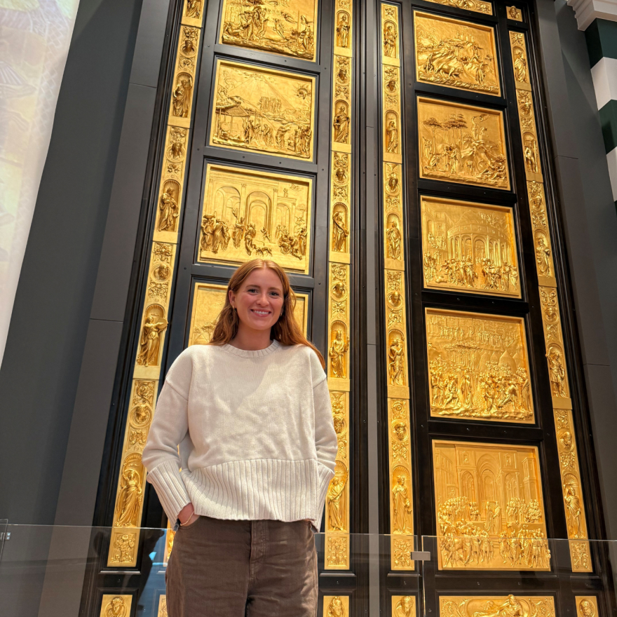 Hannah Moss Stevenson in front of BYU's Gates of Paradise
