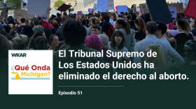 En la imagen se puede observar a personas protestando el derecho al aborto en la capital Estadounidense en Washington D.C. En el lado inferior de la imagen esta el logo de Que Onda Michigan sobre un fondo blanco. En la parte derecha las siguientes palabras estan escritas: "El Suprema de Los Estados Unidos ha eliminado el derecho al aborto "  y "Episodio 51". 