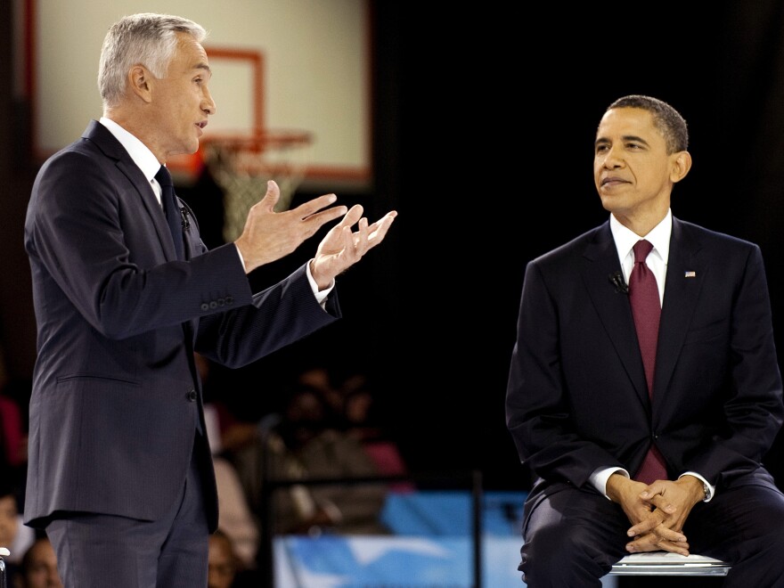 President Obama participates in a town hall hosted by Univision with news anchor Jorge Ramos in 2011.