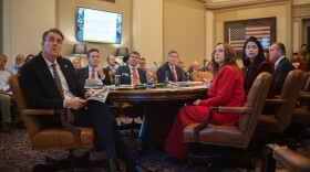 Gov. Kevin Stitt, left, and members of the Oklahoma Board of Equalization listen to OMES officials present the Fiscal Year 2027 state budget outlook, Dec. 19, 2025, in the governor's large conference room on the second floor of the Oklahoma State Capitol. Moving left from Stitt, other board members include Lt. Gov. Matt Pinnel, State Superintendent Lindel Fields and Attorney General Gentner Drummond. Across from the governor, moving right, are State Auditor and Inspector Cyndi Byrd, Secretary of Agriculture Blayne Arthur and State Treasurer Todd Russ.