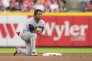 Cleveland Guardians' José Ramírez reacts after he is caught stealing second base by Cincinnati Reds shortstop Elly De La Cruz during the third inning of a baseball game, Saturday, May 17, 2025, in Cincinnati. 