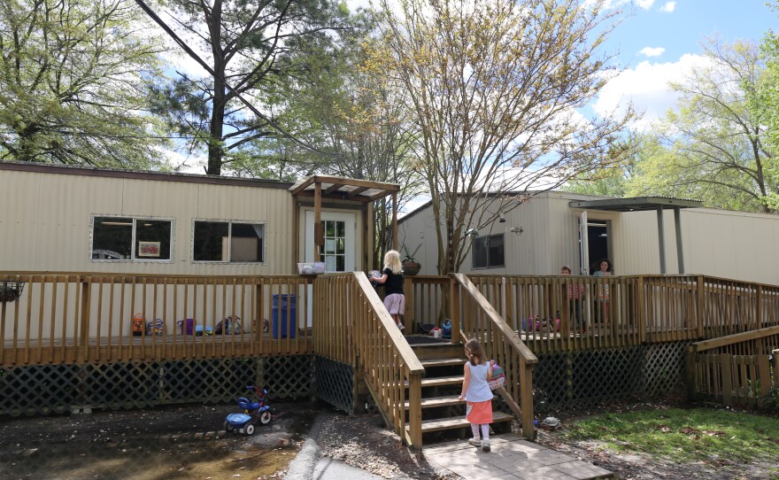 Two portable buildings, previously used as office space, are being used as classrooms for Harmony School's preschool and kindergarten program.