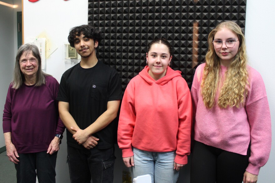 From left, Eileen Bryson, Emircan "Emir" Celik, Josune Azpilicueta and Enni Haataja stand in the KDLL studio on Thursday, Mar. 12, 2026 in Kenai, Alaska.