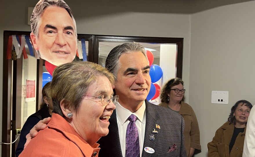 Springfield Mayor Domenic Sarno with a former mayor, Mary Hurley, during Sarno's victory celebration on Nov. 7, 2023.