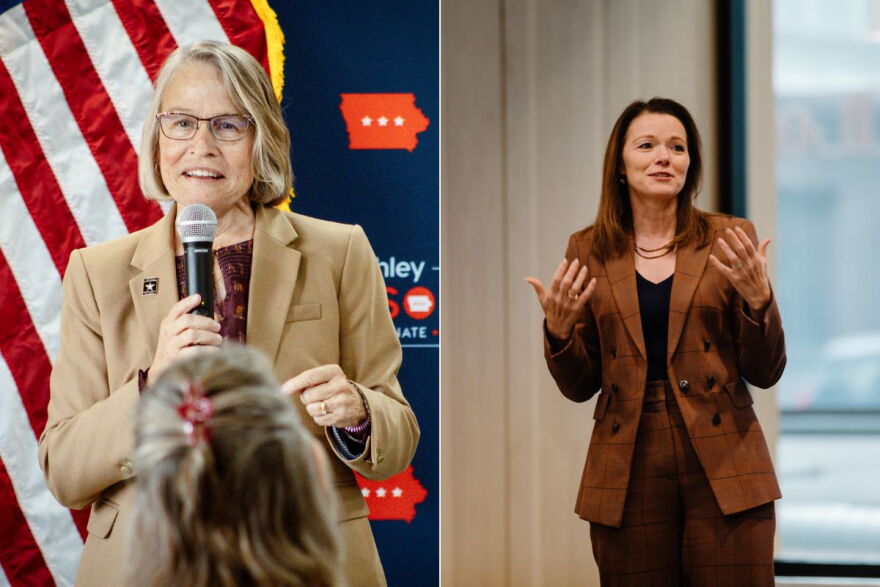 Left, photo of Mariannette Miller-Meeks speaking to a crowd. Right, a photo of Christina Bohannan speaking.