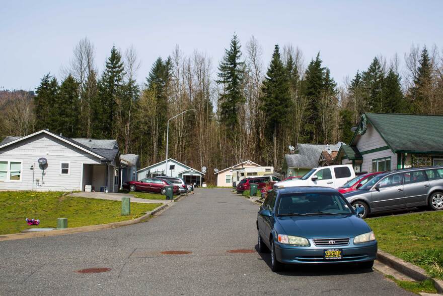 A residential street with cars and older houses with forest behind.