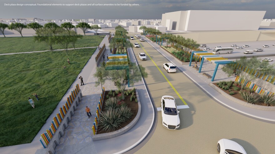 A conceptual design rendering of a deck plaza over I-35. The image shows a landscaped green space with walking paths and people strolling through the area. On the right, a roadway with cars is lined with trees, plants, and colorful vertical elements. Below the deck plaza, the I-35 mainlanes are visible, with many vehicles traveling on the highway.