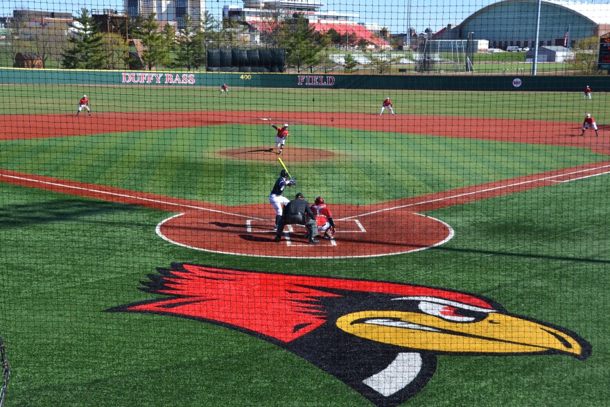 Baseball players at Duffy Bass Field.