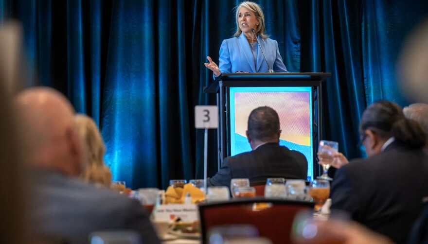 Gov. Michelle Lujan Grisham speaks during a Greater Albuquerque Chamber of Commerce luncheon at the Sandia Golf Club on May 5. The governor helped state Democratic Party officials make the pitch Thursday to be included in the early window for the 2028 presidential primary.