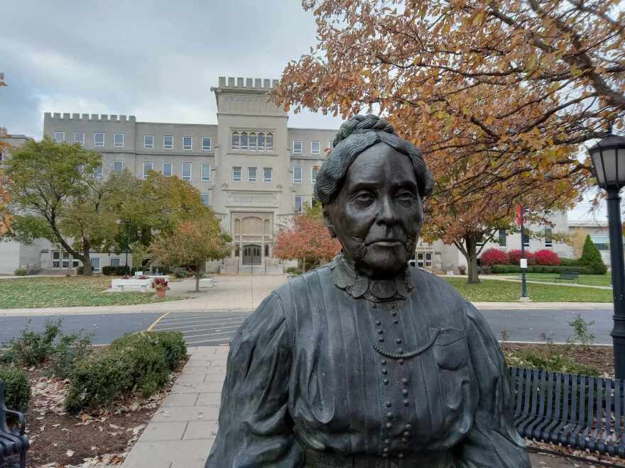 A statue of Bradley University founder Lydia Moss Bradley stands in the Founder's Circle on campus.