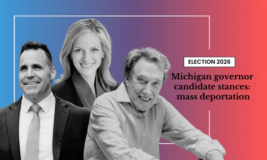 A graphic for an "Election 2026" article headlined "Michigan governor candidate stances: data centers." Three black-and-white candidate photos are composited against a blue-to-red gradient background. On the right, an older man in a striped shirt leans forward smiling. On the left, a middle-aged man in a suit and tie smiles at the camera. In the center, a woman with blonde hair wearing a dark blazer smiles directly at the camera. The candidates are not identified by name in the graphic.