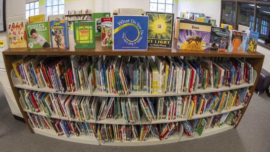 Books seen in an elementary school library in suburban Atlanta on Aug. 18. There have been a growing number of books pulled from school libraries in the past few years.