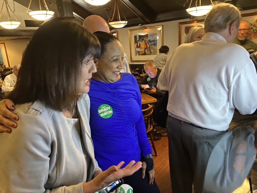 Dan Brady supporters Crystal Howard and Marinna Metoyer look excitedly at the first returns showing Brady off to a strong start. Metoyer, the chief public defender in Livingston County, says she’s known Brady for a long time and is confident he’ll win.