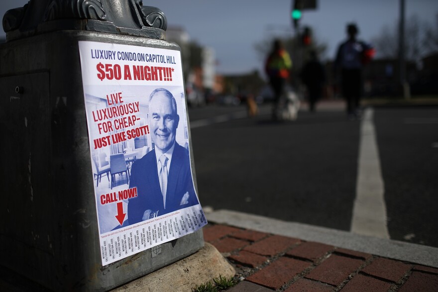 Satirical fliers posted around the Capitol Hill neighborhood of Washington, DC poke fun at EPA Administrator Scott Pruitt. Pruitt rented a room in a condo from a lobbyist for $50 a night, among several controversies that have engulfed Pruitt.