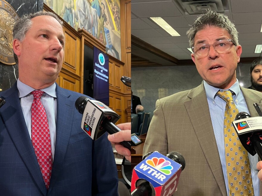 House Speaker Todd Huston (left) and Senate President Pro Tempore Rodric Bray answer reporter questions in scrums held Thursday, April 27, 2025.