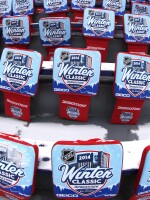 NHL Winter Classic hockey game seat pads are displayed at Michigan Stadium in Ann Arbor ahead of the New Year's Day outdoor game between the Detroit Red Wings and Toronto Maple Leafs.