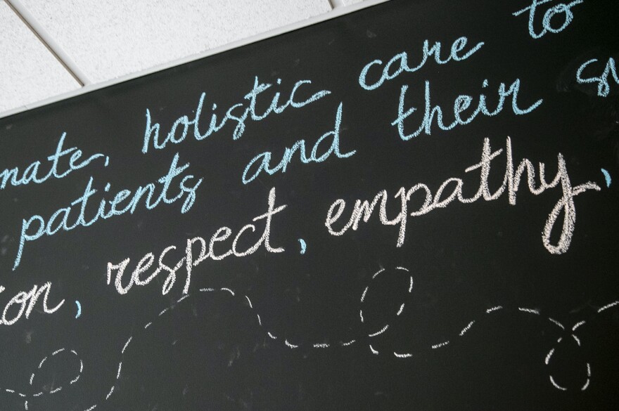 Words written on a chalkboard inside the Jay and Betty Van Andel Center on the campus of Pine Rest Christian Mental Health Services in suburban Grand Rapids on Tuesday, Aug. 27, 2019. File image courtesy of MLive Media Group