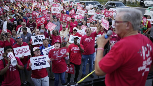 In this file photo Ted Pappageorge speaks during a rally along the Las Vegas Strip, Thursday, Aug. 10, 2023, in Las Vegas. (AP Photo/John Locher)