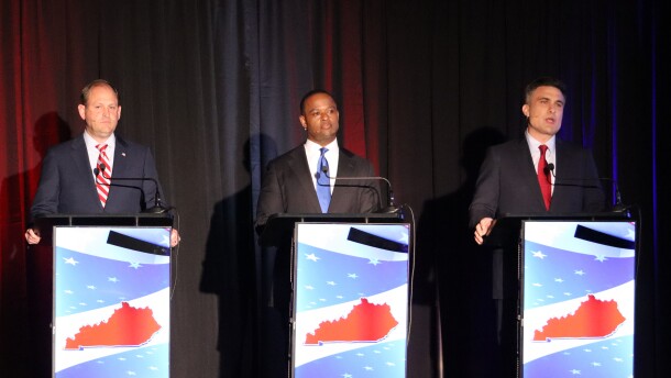 Congressman Andy Barr, former Attorney General Daniel Cameron and Lexington businessman Nate Morris shared the stage for the first GOP primary debate for U.S. Senate on Monday, March 16, 2026.