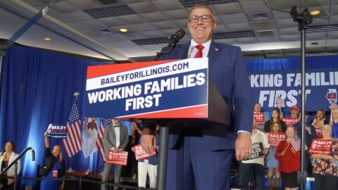 Darren Bailey speaks to reporters at a Springfield hotel on March 17, 2026, after winning the Republican nomination for governor for a second time. 