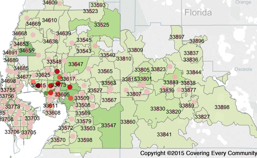 A heat map shows the outreach efforts around Tampa, Fla.