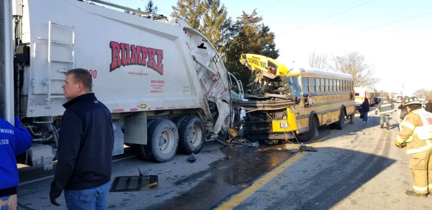 A South Dearborn Community Schools bus was involved in an accident Tuesday as seen in this image posted to Twitter by Sgt. Stephen Wheeles.