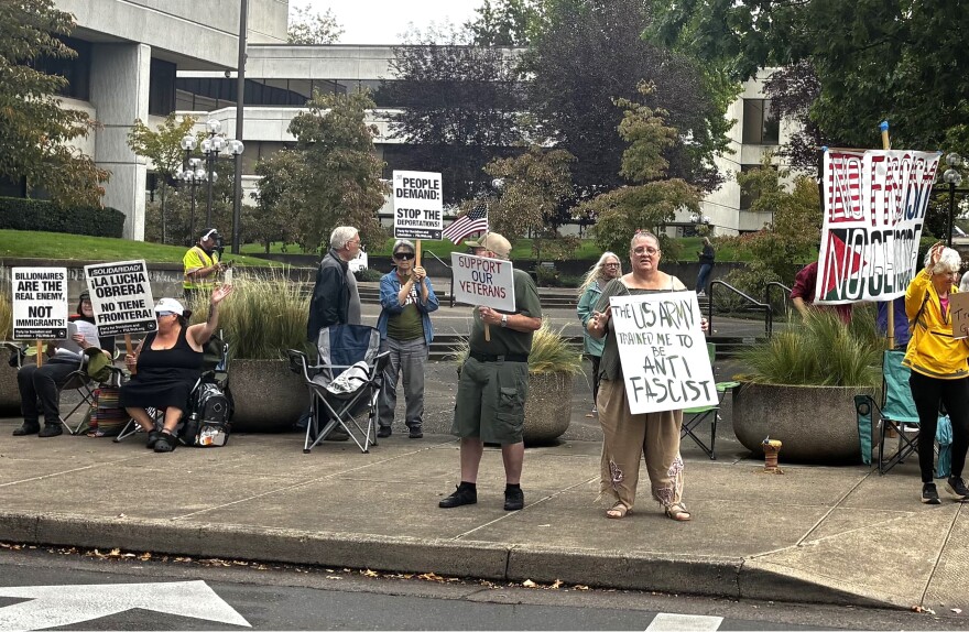 A file photo of an anti-ICE protest outside the Eugene Federal Building on Sept. 30, 2025.